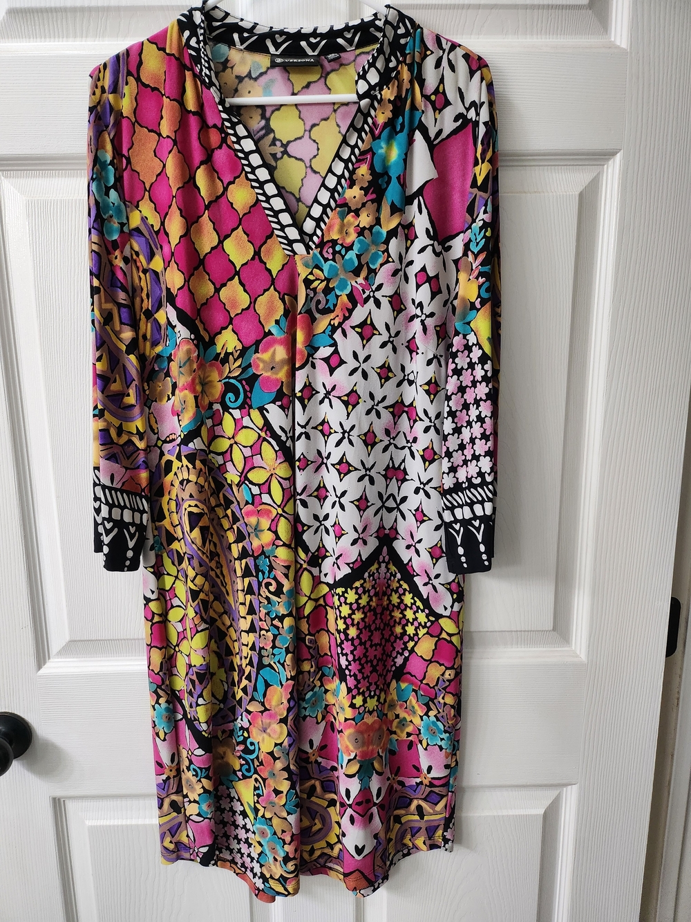 Versona Long-Sleeve Mixed Print V-Neck Dress - Pink, Yellow, Teal, Black